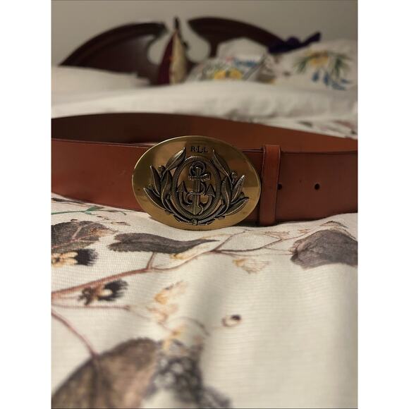 VTG Ralph Lauren Tan Leather Belt Brass Anchor Emblem Buckle XL main image 8